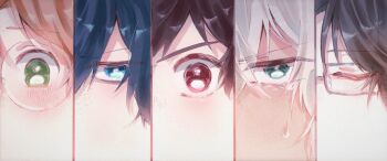 5boys akutsu_mabu blue_eyes blue_hair brown_hair chi_fuyu closed_eyes column_lineup commentary_request eye_focus glasses green_eyes grey_hair hair_between_eyes jinnai_enta kuji_toi multiple_boys niiboshi_reo rectangular_eyewear round_eyewear sarazanmai tears yasaka_kazuki