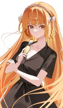 Rule 34 | 1girl, absurdres, black dress, bow, brown hairband, champagne flute, commentary request, cup, dress, drinking glass, hair bow, hairband, hi i dubu, highres, holding, holding cup, ishmael (project moon), korean commentary, limbus company, long hair, looking at viewer, orange eyes, orange hair, parted lips, project moon, rope, short sleeves, solo, very long hair, white bow