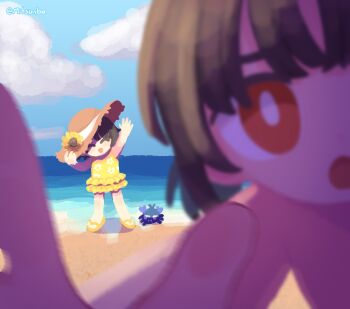 1boy 1girl :d aged_down beach blurry blurry_foreground brother_and_sister child cloud commentary english_commentary flip-flops floral_print_one-piece_swimsuit flower frilled_one-piece_swimsuit frills hat highres looking_at_viewer mitsunba ocean one-piece_swimsuit open_mouth outdoors red_eyes saihate_eki sand sandals siblings smile straw_hat sunflower swimsuit tatsunami_shion tenjiku_aoi topless_male yellow_one-piece_swimsuit