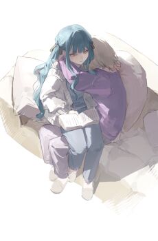 2girls absurdres bang_dream! bang_dream!_it&#039;s_mygo!!!!! black_ribbon blue_hair book cardigan commentary_request couch hair_ribbon highres hug long_hair lu_bian_de_yecao_zai_changge misumi_uika multiple_girls on_lap open_book pajamas pants pillow purple_pants purple_shirt ribbon shirt sidelocks sitting sleeping slippers togawa_sakiko white_cardigan yellow_eyes yuri