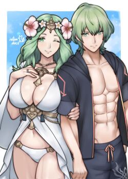 1boy 1girl ;) abs bikini breasts cleavage commission fire_emblem fire_emblem:_three_houses fire_emblem_heroes flower grabbing_another&#039;s_arm green_eyes green_hair hair_flower hair_ornament highres ko-fi_commission large_breasts long_hair looking_at_viewer male_byleth_(awakened)_(fire_emblem) male_byleth_(fire_emblem) muscular muscular_male navel nintendo official_alternate_costume one_eye_closed rhea_(fire_emblem) rhea_(summer)_(fire_emblem) rotomdocs smile stomach swimsuit thighs white_bikini
