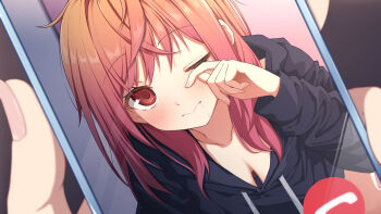 2girls alternate_costume aobara_hairi black_hoodie blush breasts cellphone cellphone_photo closed_mouth commentary_request downblouse drooling dutch_angle extended_downblouse female_pov fingernails gradient_hair hanging_breasts highres hololive hololive_dev_is hood hoodie ichijou_ririka long_hair messy_hair multicolored_hair multiple_girls no_bra orange_hair phone pov pov_hands red_eyes rubbing_eyes saliva sleepwear smartphone solo_focus textless_version user_interface video_call virtual_youtuber waking_up