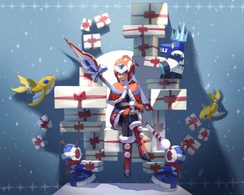 1girl blue_background blue_eyes box crossed_legs fairy_leviathan_(mega_man) forehead_jewel gift gift_box helmet highres holding holding_polearm holding_weapon mega_man_(series) mega_man_x_(series) mega_man_x_dive mega_man_zero_(series) mr_cairox official_alternate_costume pantheon_(mega_man) polearm red_helmet sitting solo_focus spear weapon