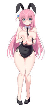 1girl alternate_breast_size_(larger) animal_ears bandaid bandaids_on_nipples bare_legs between_breasts black_leotard black_necktie black_shoes blue_eyes bocchi_the_rock! breasts cleavage closed_mouth commentary_request cube_hair_ornament fake_animal_ears full_body gotoh_hitori hair_ornament highres large_breasts leotard long_hair looking_at_viewer necktie necktie_between_breasts one_side_up onibi_(will_o_wisp24) pasties pink_hair playboy_bunny rabbit_ears shoes solo standing thighs