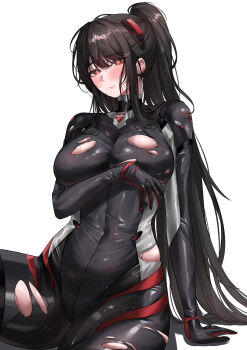 1girl absurdres black_bodysuit black_hair blue_archive blush bodysuit breasts bright_pupils closed_mouth highres katrinabluuuuu long_hair official_alternate_costume ponytail red_eyes rio_(blue_archive) rio_(bodysuit)_(blue_archive) sidelocks simple_background sitting solo torn_bodysuit torn_clothes very_long_hair white_background white_pupils