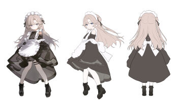 1girl absurdres apron black_dress black_shoes commentary dress eco_376124 grey_hair highres long_hair maid maid_headdress multiple_thigh_straps multiple_views original platform_shoes shoes simple_background thigh_strap white_background