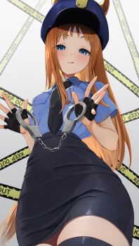 1girl absurdres alternate_costume amasa_(ama_sa3) animal_ears black_gloves black_necktie black_skirt black_thighhighs blue_eyes blue_shirt blush breasts brown_hair caution_tape closed_mouth collared_shirt cuffs ears_through_headwear fingerless_gloves gloves grass_wonder_(umamusume) handcuffs hat highres holding holding_handcuffs horse_ears horse_girl horse_tail long_hair looking_at_viewer medium_breasts necktie pencil_skirt police police_hat police_uniform policewoman sailor_collar shirt short_sleeves skirt smile solo tail thighhighs tongue tongue_out umamusume