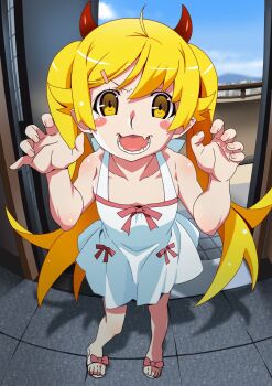 1girl apron back_bow bare_arms bare_legs bare_shoulders blonde_hair blue_sky blush_stickers bow bow_apron claw_pose collarbone day demon_horns doorway fang fingernails fisheye flat_chest flipped_hair footwear_bow full_body gesugesu_ahoaho hair_between_eyes hair_flaps halterneck hands_up highres horns indoors long_hair looking_at_viewer monogatari_(series) open_door open_mouth oshino_shinobu pointy_ears red_bow ringed_eyes sandals shadow shiny_skin skin_fang sky solo standing swept_bangs teeth tile_floor tiles twintails v-shaped_eyebrows very_long_hair white_apron white_sandals