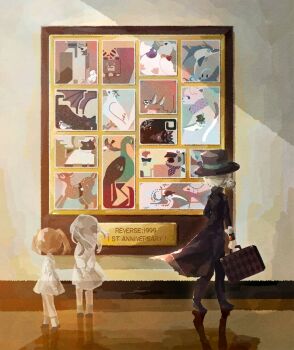 37_(reverse:1999) 3girls 6_(reverse:1999) aged_down animalization anniversary apple apple_(reverse:1999) bear bird bkornblume black_cat black_coat black_footwear black_hat black_panther black_pants boater_hat bunny_bunny_(reverse:1999) cat charlie_(reverse:1999) coat deer dikke_(reverse:1999) dog dolphin dress druvis_iii duck eagle fennec_fox food from_behind fruit full_body getian_(reverse:1999) grey_hair hair_bun hat highres holding holding_suitcase jessica_(reverse:1999) lilya_(reverse:1999) lion_cub matilda_bouanich multiple_girls nii_(curuma) painting_(object) panther pants reflective_floor regulus_(reverse:1999) reverse:1999 semmelweis_(reverse:1999) shade sheep short_hair single_side_bun socks sonetto_(reverse:1999) sotheby suitcase time_paradox twintails vertin_(reverse:1999) walking white_dress white_socks yenisei_(reverse:1999)