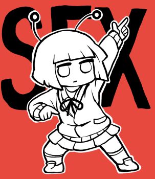 1girl alien alien_alien_(vocaloid) andromedako antennae bob_cut cardigan chibi chibi_only closed_mouth commentary english_commentary expressionless greyscale_with_colored_background gummuru index_finger_raised jitome long_sleeves looking_at_viewer outline pleated_skirt pocket red_background ribbon shirt shoes short_hair skirt socks solo text_background vocaloid white_outline