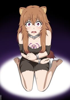 1girl animal_ear_fluff animal_ears artist_name breasts brown_dress brown_hair bruise bruise_on_arm bruise_on_leg chest_tattoo cleavage collar commentary dress english_commentary eyelashes full_body hair_between_eyes highres injury loli long_hair looking_up messy_hair metal_collar metal_wrist_cuffs mixed-language_commentary omukade open_mouth pink_eyes raccoon_ears raccoon_girl raccoon_tail raphtalia raphtalia_(young) scared short_dress signature sitting slave slave_brand solo straight-on strapless strapless_dress tail tate_no_yuusha_no_nariagari tattoo variant_set wariza wide-eyed