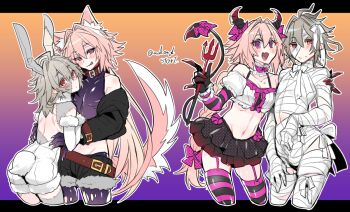 2boys ahoge animal_ears astolfo_(fate) belt belt_buckle black_shorts blush bow braid buckle crop_top cropped_legs demon_horns demon_tail fake_horns fang fate/apocrypha fate_(series) garter_straps gloves gradient_background grey_hair hair_bow hair_down hair_intakes halloween halloween_costume haoro holding holding_pitchfork horns letterboxed long_hair male_focus messy_hair midriff multicolored_hair multiple_boys mummy_costume navel off_shoulder open_mouth outline patchwork_skin pink_hair pitchfork polka_dot polka_dot_bow purple_eyes rabbit_ears red_eyes short_hair shorts sieg_(fate) signature single_braid skin_fang smile stitched_ear streaked_hair striped_clothes striped_gloves striped_thighhighs tail thighhighs trap two-tone_hair very_long_hair werewolf_costume white_bow white_hair white_outline wolf_ears wolf_tail