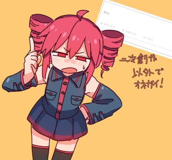 1girl 9302w_(user_wjpg8475) breast_pocket collared_shirt detached_sleeves drill_hair hand_on_own_hip highres index_finger_raised kasane_teto kasane_teto_(utau) leaning_forward long_sleeves narrowed_eyes open_mouth pink_eyes pink_hair pleated_skirt pocket request_inset shirt skirt sleeveless sleeveless_shirt solo sweat thighhighs translation_request twin_drills utau v-shaped_eyebrows yellow_background