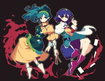 2girls 4qw5 ankleband apron aqua_hair aqua_ribbon arm_ribbon arm_up barefoot belt black_background black_eyes blue_hair boots breasts cape dress floating floating_hair frilled_apron frills full_body green_apron green_headscarf green_headwear hairband haniyasushin_keiki headscarf highres jewelry knees_up long_hair looking_at_viewer magatama magatama_necklace medium_breasts medium_hair multicolored_dress multicolored_hairband multiple_girls necklace outline patchwork_clothes pixel_art pointing pointing_down pointing_up purple_footwear rainbow_order ribbon simple_background tenkyuu_chimata tools touhou turtleneck turtleneck_dress white_cape white_outline yellow_dress