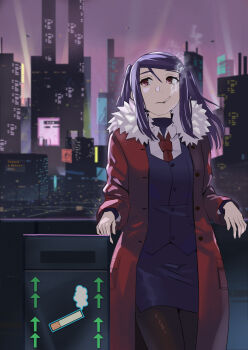 1girl asakiri_koko cigarette coat commentary_request fur-trimmed_coat fur_trim highres jill_stingray long_hair necktie night outdoors pencil_skirt purple_eyes purple_hair purple_skirt purple_vest red_necktie skirt smoking solo va-11_hall-a vest winter_clothes winter_coat