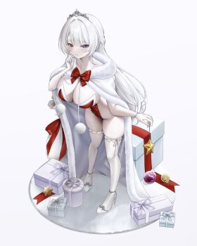 1girl blunt_bangs box breasts cloak commentary_request fur-trimmed_leotard fur_trim gift gift_box heterochromia high_heels highleg highleg_leotard highres large_breasts leaning_forward leotard long_hair looking_at_viewer original purple_eyes red_eyes red_leotard santa_leotard shhilee solo strapless strapless_leotard super_highleg thighhighs tiara white_background white_cloak white_hair white_thighhighs