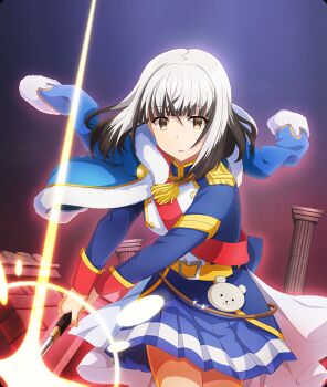 1girl bear black_hair blue_dress blue_jacket breasts brown_eyes colored_tips cosplay cowboy_shot diffraction_spikes dot_nose dress epaulettes fur-trimmed_jacket fur_trim game_cg grey_hair holding holding_sword holding_weapon jacket jacket_on_shoulders kagura_hikari kagura_hikari_(cosplay) katana long_sleeves medium_breasts multicolored_hair official_art parted_lips pillar red_sash ruins sash satsuki_yomi short_hair shoujo_kageki_revue_starlight solo sparks sword third-party_source toji_no_miko toji_no_miko:_kizamishi_issen_no_tomoshibi weapon