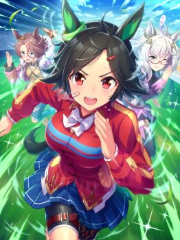 3girls absurdres ahoge animal_ears artist_request audience bandaid bandaid_on_cheek bandaid_on_face belt belt_buckle biwa_hayahide_(pf._winning_equation...)_(umamusume) biwa_hayahide_(umamusume) black_choker black_hair black_shorts black_thighhighs bleachers blue_eyes blue_pants blue_skirt blue_sky blurry bnw_(umamusume) breasts brown_belt brown_hair buckle buttons choker cloud coat collared_jacket denim depth_of_field determined ear_ornament emphasis_lines eyelashes floating_clothes floating_hair full_body fur-trimmed_hood fur_trim furrowed_brow game_cg glasses hair_between_eyes hair_ornament hairclip happy highres hood hood_down hooded_coat horse_ears horse_girl horse_tail jacket jeans large_breasts light_blush light_particles long_hair_between_eyes long_sleeves looking_at_viewer messy_hair microskirt miniskirt multiple_girls narita_taishin_(nevertheless)_(umamusume) narita_taishin_(umamusume) official_art one_eye_closed open_mouth pants parted_bangs pink_coat pink_skirt plaid_clothes plaid_shirt pleated_skirt purple_shirt racing railing red-framed_eyewear red_eyes red_jacket ribbed_thighhighs running running_track shirt short_hair shorts shorts_under_skirt skirt sky sleeve_cuffs smile solo_focus sparkle sweat tail tan teeth thigh_belt thigh_strap thighhighs torn_clothes torn_jeans torn_pants tsurime umamusume upper_teeth_only v-shaped_eyebrows white_shirt winning_ticket_(umamusume) yellow_shirt