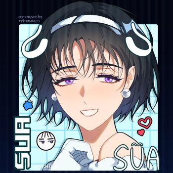 Rule 34 | 1girl, alien stage, artist name, black hair, character name, character signature, commentary, commission, drawn ears, earrings, english commentary, gloves, hairband, heart, jewelry, pearl earrings, portrait, purple eyes, short hair, signature, solo, sphere earrings, star (symbol), sua (alien stage), white gloves, white hairband, xnighten