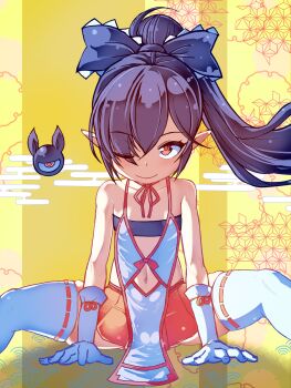 1girl animal_ears backbeako_(torotei) backbeard bandeau bare_shoulders black_bandeau black_hair black_ribbon chinese_zodiac closed_mouth clothing_cutout collarbone eyes_visible_through_hair flat_chest gegege_no_kitarou gloves hair_over_one_eye hair_ribbon high_ponytail highres horse_ears light_blush loli long_hair looking_at_viewer navel navel_cutout one_eye_closed original pleated_skirt pointy_ears ponytail red_eyes red_skirt revealing_clothes ribbon ribbon-trimmed_thighhighs ribbon_trim sitting skirt smile solo spread_legs tabard thighhighs torotei variant_set very_long_hair white_gloves white_tabard white_thighhighs year_of_the_horse yellow_background