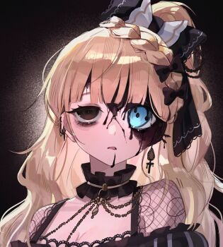 1girl absurdres bags_under_eyes black_bow black_choker black_eyes blonde_hair blood blood_on_face blue_eyes bow braid breasts choker frilled_choker frills hair_bow hashtag-only_commentary heterochromia highres long_hair looking_at_viewer mahou_shoujo_no_majo_saiban one_side_up open_mouth saeki_miria shan_(shan_29387473) solo spoilers tears uneven_eyes upper_body upturned_eyes witch_(manosaba)