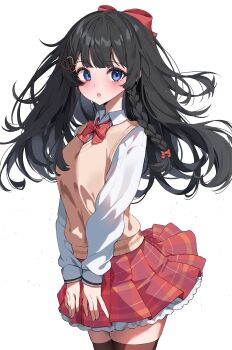 1girl :o absurdres black_hair blue_eyes bow bowtie brown_sweater_vest collared_shirt cowboy_shot daimi_94 diagonal-striped_bow floating_hair hair_bow hair_ornament hashtag-only_commentary heart heart_hair_ornament highres long_hair long_sleeves looking_at_viewer parted_lips plaid_clothes plaid_skirt pleated_skirt red_bow red_bowtie red_skirt school_uniform shirayuki_hina shirt skirt solo standing stellive striped_bow sweater_vest virtual_youtuber white_shirt wing_collar