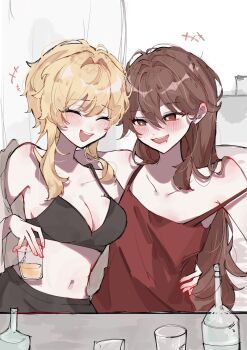 2girls arms_around_waist black_bra blonde_hair bra breasts brown_hair camisole cleavage closed_eyes commentary flower-shaped_pupils genshin_impact highres hu_tao_(genshin_impact) long_hair lumine_(genshin_impact) medium_breasts messy_hair multiple_girls navel open_mouth red_camisole red_eyes short_hair_with_long_locks smile stomach symbol-shaped_pupils underwear yunoji_(onigiri_yumi09)