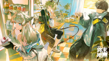 1girl 2boys arknights arknights:_endfield bare_shoulders bird_girl black_gloves black_hair blue_eyes cake chinese_commentary coat commentary_request endministrator_(arknights) eye_mask food gloves grey_coat grey_hair head_wings highres holding holding_cake holding_food holding_pizza horns indoors kitchen lifeng_(arknights) long_hair looking_at_viewer male_endministrator_(arknights) mask multiple_boys off_shoulder official_art open_clothes open_coat perlica_(arknights) pizza pizza_slice purple_eyes short_hair sitting tail wings xiaojiaju