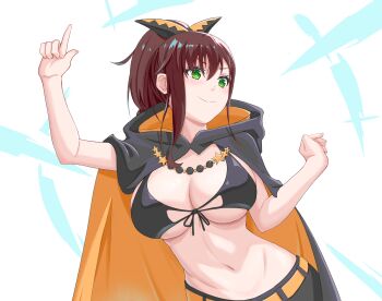 1girl absurdres arm_up belt bikini bikini_top_only black_bikini black_cape black_ribbon black_shorts breasts brown_hair cape chinese_commentary cleavage closed_mouth commentary cowboy_shot extra_pupils front-tie_bikini_top front-tie_top green_eyes hair_between_eyes hair_ribbon high_ponytail highres hood hood_down hooded_cape index_finger_raised large_breasts long_hair multi-tied_hair navel orange_belt orange_cape ponytail re:zero_kara_hajimeru_isekai_seikatsu ribbon shaula_(re:zero) short_shorts shorts sidelocks smile solo songsong standing star_(symbol) stomach swimsuit two-tone_cape white_background