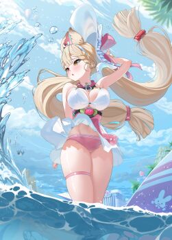 1girl absurdres alice_thymefield bangboo_(zenless_zone_zero) bare_shoulders blonde_hair blush breasts cleavage cloud cloudy_sky commentary_request day elsynien hair_ornament hand_on_headwear hat heterochromia highres large_breasts long_hair making-of_available outdoors panties pantyshot parted_lips pink_panties red_eyes sharkboo_(zenless_zone_zero) skindentation sky solo sphere_hair_ornament thigh_strap twintails underwear very_long_hair wading water white_hat wide_brim wind yellow_eyes zenless_zone_zero