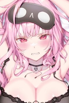 1girl armpits arms_up black_choker black_mask black_nightgown blush breasts choker cleavage clenched_teeth collarbone commentary embarrassed english_commentary flustered grimace highres hololive hololive_english kamiya_maneki large_breasts long_hair looking_at_viewer lying mask mask_on_head messy_hair mori_calliope mori_calliope_(sleepwear) nightgown official_alternate_costume on_back pink_eyes pink_hair skull_choker sleep_mask solo teeth virtual_youtuber