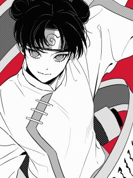 Rule 34 | 1girl, absurdres, closed mouth, double bun, eyelashes, forehead protector, greyscale with colored background, hair bun, highres, konohagakure symbol, long sleeves, looking at viewer, m0 mo momo, naruto (series), naruto shippuuden, red background, scroll, short hair, smile, solo, tenten (naruto), upper body