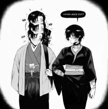 1boy 1girl absurdres blush breasts closed_mouth collarbone cowboy_shot english_text glasses greyscale hakama half-closed_eyes haori highres japanese_clothes jujutsu_kaisen kimono looking_at_another masoq monochrome nodding okkotsu_yuuta profile scar scar_on_face short_hair zen'in_maki