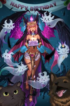 1girl absurdres animal_ear_fluff animal_ears ankh bracelet cake dog dragon_horns earrings fire food fruit gladiator_sandals gold_bracelet highres holding holding_cake holding_food horn_ornament horns indie_virtual_youtuber jewelry knightfang low_wings open_mouth pelvic_curtain purple_fire sandals second-party_source stomach strawberry tan trickywi usekh_collar virtual_youtuber wings yellow_eyes