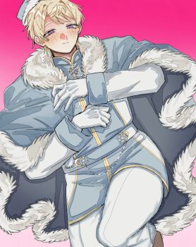 1boy axis_powers_hetalia belt black_cape blonde_hair blue_belt blue_cape blue_hat blue_tabard blush brown_shoes cape closed_mouth cowboy_shot fur-trimmed_cape fur-trimmed_headwear fur_trim gloves gradient_background half-closed_eyes hands_up hat highres long_sleeves looking_down male_focus mandarin_collar pants pink_background pinkorojuice russia_(hetalia) russian_clothes shirt shoes short_hair simple_background smile solo standing standing_on_one_leg tabard two-sided_cape two-sided_fabric white_gloves white_pants white_shirt