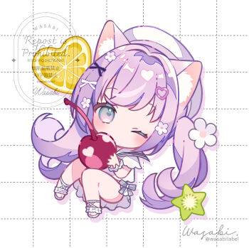 1girl animal_ear_fluff animal_ears beret blush bow cat_ears cherry chibi commentary covered_mouth english_commentary flower food fruit full_body grey_eyes grid_background hair_flower hair_ornament hat heart heart_hair_ornament holding holding_food kiwi_(fruit) kiwi_slice lemon lemon_slice long_hair looking_at_viewer one_eye_closed original purple_hair shirt short_sleeves signature skirt solo star_(symbol) striped_bow twitter_username very_long_hair wasabi_(sekai) watermark white_background white_flower white_hat white_shirt white_skirt wrist_cuffs