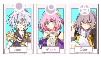 1boy 2girls ;) black_coat blue_eyes coat cyrene_(honkai:_star_rail) dress english_text grey_hair hair_ornament honkai:_star_rail honkai_(series) medium_hair multicolored_hair multiple_girls one_eye_closed phainon_(honkai:_star_rail) pink_hair pointy_ears purple_coat shirt short_hair smile star_(symbol) stelle_(honkai:_star_rail) tarot the_moon_(tarot) the_star_(tarot) the_sun_(tarot) trailblazer_(honkai:_star_rail) two-tone_hair white_coat white_dress white_hair white_shirt yellow_eyes yumianfeifei