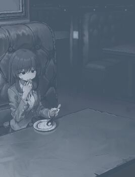 1girl :t bag blue_theme briefcase closed_mouth diner eating hamsterfragment hand_to_own_mouth holding holding_spoon indoors jaggy_lines long_sleeves medium_hair monochrome neck_ribbon no_nose original plate ribbon school_briefcase school_uniform shirt sitting skirt solo spoon shinohata_sachie_(hamsterfragment) table unworn_bag