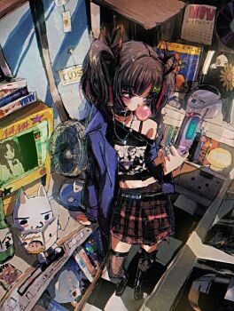 Rule 34 | 1girl, ayanami rei, belt collar, black collar, black hair, black shirt, blowing bubble gum, blue jacket, cellphone, chewing gum, collar, crayon shin-chan, cropped shirt, fishnet thighhighs, fishnets, flip phone, hair ribbon, highres, jacket, jojidoboro, manga (object), midriff, multicolored hair, nana (series), neon genesis evangelion, nohara shinnosuke, off-shoulder shirt, off shoulder, original, osaki nana, phone, pink eyes, pink hair, pleated skirt, ribbon, shirt, short hair, skirt, solo, streaked hair, stuffed toy, thighhighs