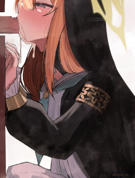 1boy 1girl armband blue_archive blue_neckerchief blush censored cum cum_on_body cum_overflow dress earosoligt erection facial fellatio from_side glory_hole habit halo hetero highres long_hair long_sleeves mari_(blue_archive) mosaic_censoring neckerchief nun oral orange_hair penis solo_focus yellow_armband yellow_halo