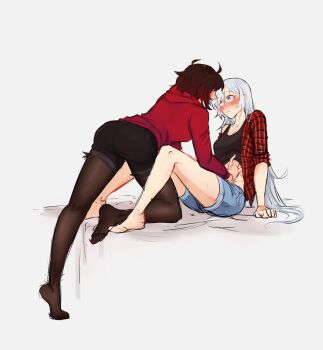 2girls absurdres arm_support bare_legs black_pantyhose black_shorts black_tank_top blue_eyes blush commentary denim denim_shorts english_commentary grey_background highres hood hoodie long_sleeves looking_at_another multiple_girls no_shoes open_clothes open_mouth open_shirt pantyhose parted_lips plaid_clothes plaid_shirt red_hoodie red_shirt rey_yeet ruby_rose rwby scar scar_across_eye scar_on_face shirt shorts simple_background sleeves_rolled_up tank_top weiss_schnee yuri