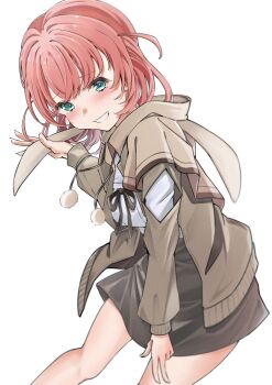 Rule 34 | 1girl, alternate costume, animal hood, aqua eyes, black ribbon, black skirt, blush, breasts, brown jacket, commentary request, crossed bangs, elbow cutout, feet out of frame, frontrivers kae, grin, highres, hinoshita kaho, hood, hood down, hooded jacket, jacket, leaning forward, link! like! love live!, long sleeves, love live!, medium breasts, medium hair, miniskirt, open clothes, open jacket, pink hair, rabbit hood, ribbon, shirt, shirt ribbon, signature, simple background, skirt, smile, solo, twitter username, two side up, virtual youtuber, white background, white shirt