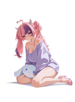 1girl ahoge breasts cinnamoroll cleavage demon_girl demon_horns fuwa_fuwa_cinnamoroll grey_sweater high_heels highres horns indie_virtual_youtuber ironmouse large_breasts multicolored_hair pink_hair pointy_ears purple_eyes purple_hair sanrio sansha_art simple_background solo sweater twintails two-tone_hair virtual_youtuber white_background