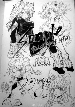 4girls ^_^ absurdres animal_ear_fluff animal_ears arm_cutout arm_warmers armlet bandaid bandaid_on_head bare_shoulders blunt_bangs braid chinese_commentary closed_eyes closed_mouth clothing_cutout collarbone commentary_request commission cropped_torso cross-laced_armwear crossed_bandaids dot_nose double_bun eyelashes floating_hair fox_ears frown full_body greyscale hair_between_eyes hair_bun hair_flip head_only high-waist_skirt highres jewelry kamu_(poulro) leg_warmers light_blush long_hair long_sleeves loose_hair_strand miniskirt monochrome multiple_girls multiple_views one_eye_closed original photo_(medium) ponytail ponytail_with_braided_base sample_watermark shirt shoes single_leg_pantyhose sitting skirt sleeveless sleeveless_shirt tentacles traditional_media turtleneck turtleneck_shirt twin_braids twintails watermark weibo_watermark
