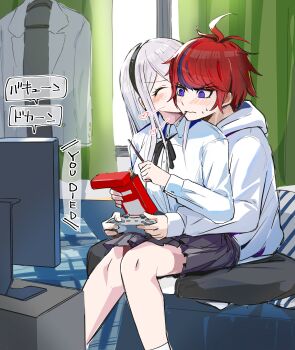 1boy 1girl ^_^ absurdres ahoge bedroom black_hairband black_pants black_ribbon black_skirt blue_eyes blush closed_eyes collared_shirt commentary_request curtains english_text eyelashes food food_in_mouth hairband heart hetero highres hood hood_down hoodie indoors kashimiya_karua long_hair long_sleeves miniskirt multicolored_hair neck_ribbon no_shoes on_bed pants pleated_skirt pocky pocky_in_mouth purple_hair red_hair ribbon shirt short_hair sitting sitting_on_lap sitting_on_person skirt socks sound_effects speech_bubble streaked_hair sumino_takumi television the_hundred_line_-last_defense_academy- tkiura_runa translation_request two-tone_hair white_hoodie white_shirt white_socks