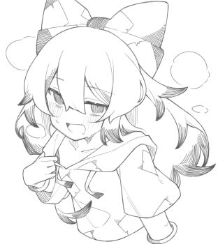 1girl bangle blush bow bracelet breath ch00suke commentary_request greyscale hair_bow hood hoodie hot jewelry long_hair looking_at_viewer monochrome open_mouth patchwork_clothes short_sleeves smile solo sweat touhou yorigami_shion