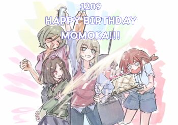 5girls ahoge awa_subaru blue_shirt blue_shorts bottle brown_hair cake can closed_eyes commentary ebizuka_tomo food girls_band_cry green_shirt grey_hair hair_between_eyes hand_on_own_hip happy_birthday highres holding holding_bottle holding_can iseri_nina kawaragi_momoka long_hair_between_eyes low_twintails multiple_girls open_mouth pink_shirt purple_eyes rupa_(girls_band_cry) shirt short_hair short_twintails shorts togenashi_togeari tomare_(akashingou) twintails