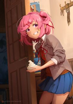 1girl absurdres alcohol arm_up bandaid bandaid_on_cheek bandaid_on_face beer beer_bottle belt blue_skirt blush bolo_tie bow brown_belt brown_hair brown_jacket brown_sweater_vest charm_(object) chest_of_drawers collared_shirt commentary cowboy_shot crack cracked_wall cream doki_doki_literature_club doki_doki_literature_club_school_uniform door dress_shirt english_commentary food green_eyes grey_jacket grin hair_bow hair_ornament hair_ribbon hairpin hammer highres holding holding_food holding_hammer holding_weapon jacket key khyle. looking_at_viewer medium_hair miniskirt monika_(doki_doki_literature_club) natsuki_(doki_doki_literature_club) necktie night open_clothes open_door open_jacket open_mouth patreon_logo patreon_username pink_eyes pink_hair playboy pleated_skirt ponytail poster_(object) purple_eyes red_necktie red_ribbon ribbon school_uniform shirt side_ponytail sidelocks skirt sky sleeves_rolled_up smile solo standing straight_hair sweater_vest swept_bangs torn_belt twintails unworn_belt watermark weapon web_address whipped_cream white_bow white_shirt x_hair_ornament