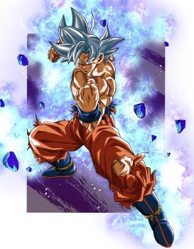 1boy absurdres aura boots clenched_hand debris dragon_ball dragon_ball_super fighting_stance full_body highres muscular muscular_male oharu2000 orange_pants pants scratches shirt solo son_goku spiked_hair topless_male torn_clothes torn_pants torn_shirt ultra_instinct v-shaped_eyebrows white_eyes white_hair wristband
