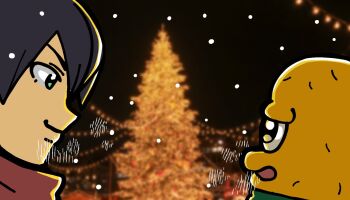 2boys bkub black_hair breath character_request christmas christmas_tree closed_mouth eye_contact from_side green_eyes looking_at_another male_focus mode_aim multiple_boys night open_mouth outdoors peanuts-kun red_scarf scarf short_hair smile snowing virtual_youtuber
